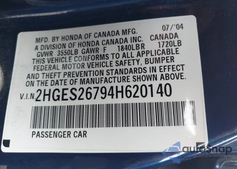 2004 Honda Civic Ex z USA, uszkodzony, nr VIN 2HGES26794H620140